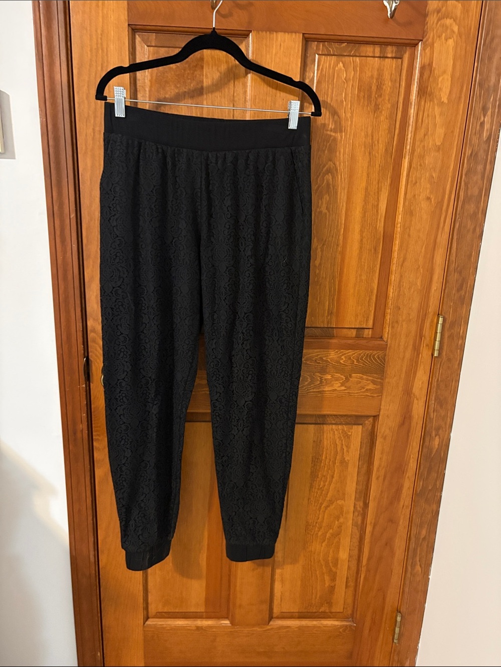 CAbi Black Lace-Texture Jogger Pants with Elastic Waist